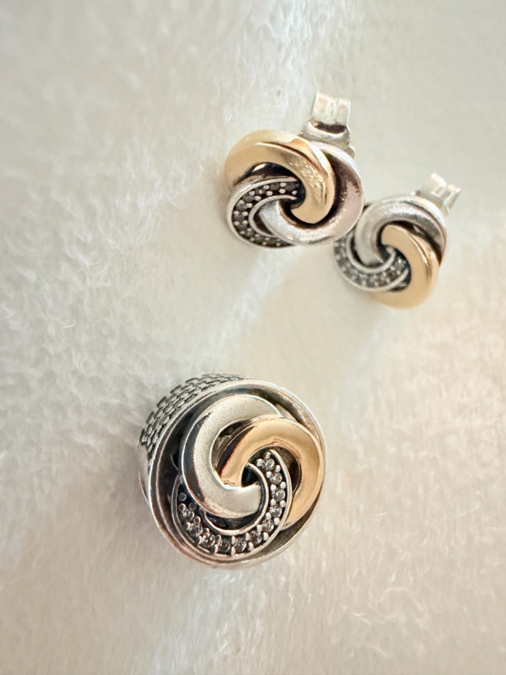 Pandora 2-Tone Intertwined Circles Earrings and Charm Set w/14k & Sparking CZs
